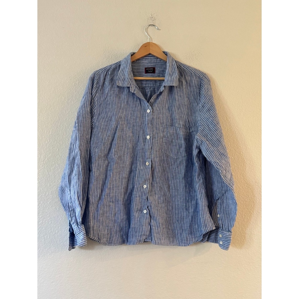 UNTUCKit Linen Striped Button Down Shirt Pocket Long Sleeve Size 14 Blue Exc